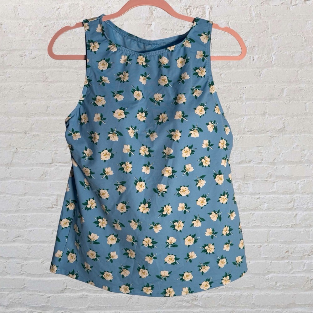 Lands End Draper James Tankini Swim Top Size 14 Blue Floral Built in Bra NWT